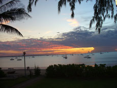 Sunset on Vesty's beach Darwin. On the northern side of Bullocky Point is Vesteys Beach in Darwin, a gently curving approx. 2.2klm long quiet beach. Home to the 'Darwin Trailer Boat Club'  and 'Darwin Sailing Club' it has many boats often moored off the northern half of the beach with two large boat ramps crossing the beach. The beach has a 80m width with steep high tide then up too 400m wide with sensational scenery of their tidal flats